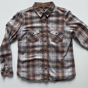 KUHL Tess Flannel Plaid L/S Snap Shirt Womens Small Soft Corduroy Trim Copper